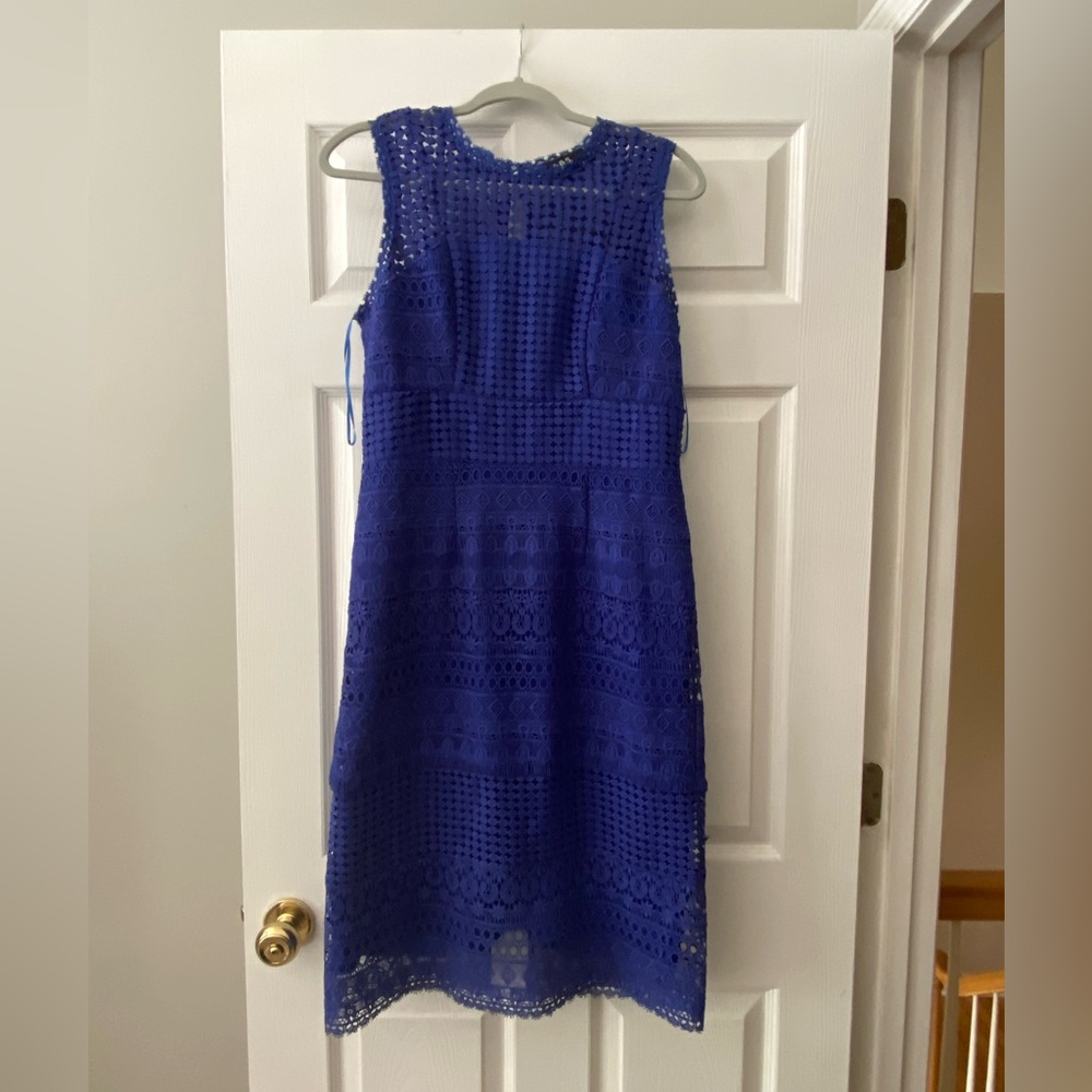 ABS Allen Schwartz Blue Lace Sheath Midi Dress Sleeveless - Picture 3 of 7